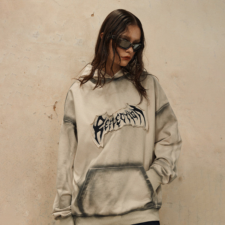Embroidered Frayed Hem Design Hoodie Trendy Sweater