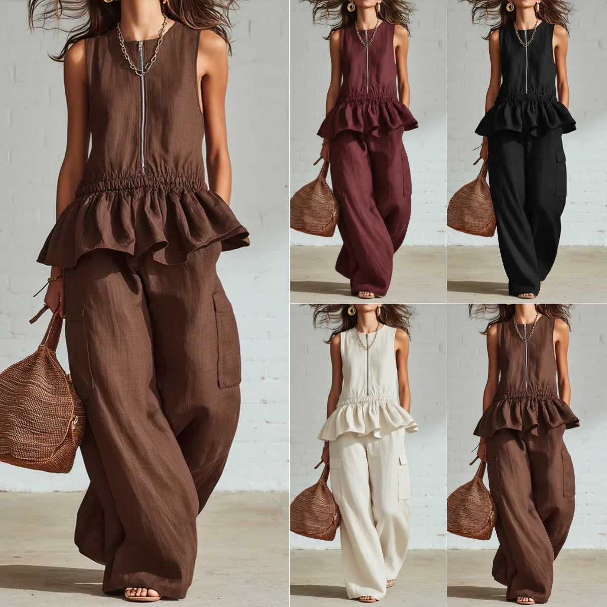Summer Sleeveless Pleated Tank Top And Wide Leg Pants Set For Women