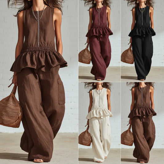 Summer Sleeveless Pleated Tank Top And Wide Leg Pants Set For Women