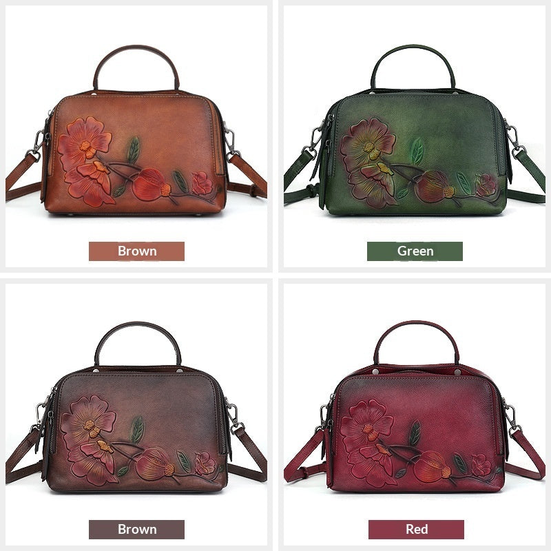 Vintage Cowhide Pillow Bag With Embossed Detailing And A Handheld Design