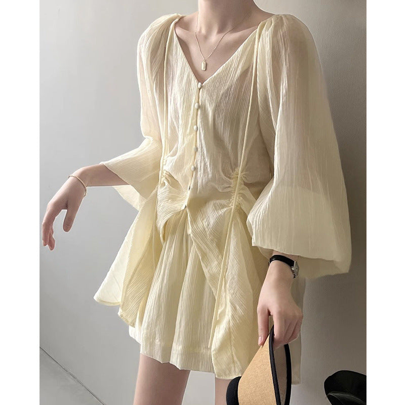 Korean-style V-neck Lace-up Shirt And Wide-leg Shorts Two-piece Set For Women