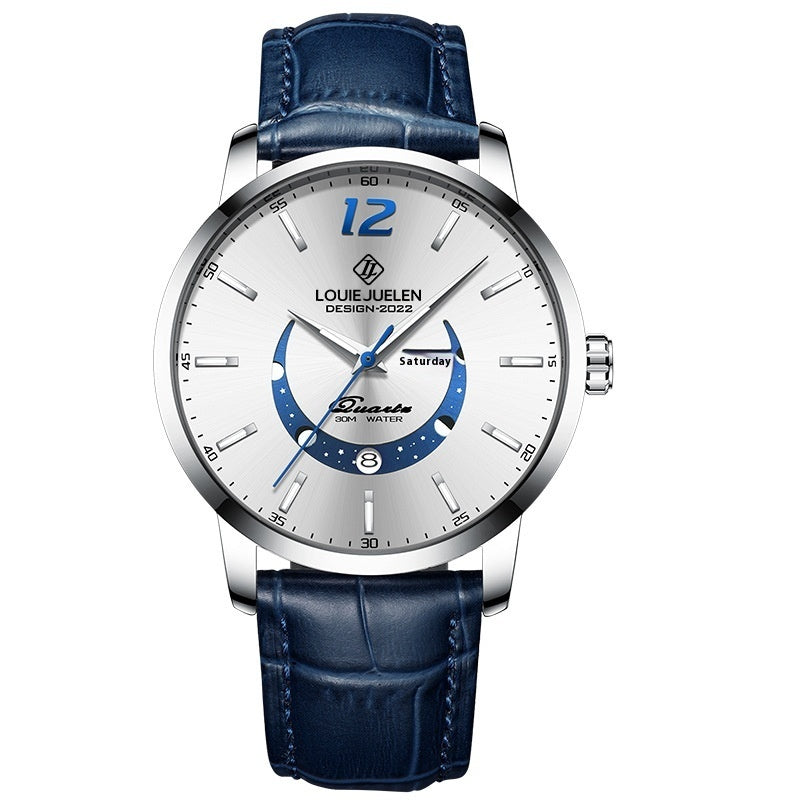 Master Moon Phase Luminous Waterproof Wrist Watch Men's Fashion Genuine Leather Strap Quartz Watch