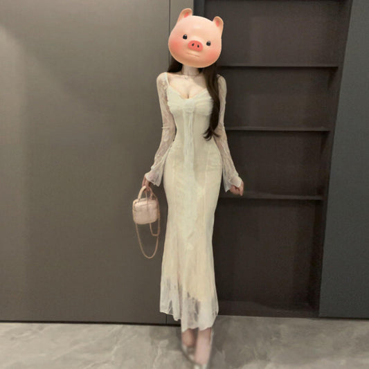 Frenchinspired Softstyle Vneck Lacepanel Longsleeve Dress