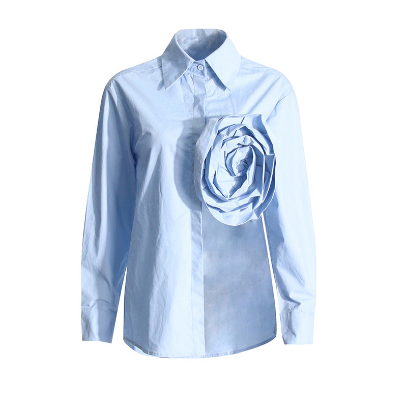 Lapels Stitching Three-dimensional Flower Irregular Hollow-out Split Shirt Top