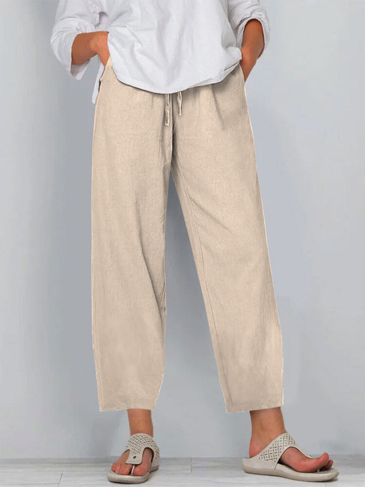 Elastic Waist Solid Color Cotton And Linen Wide Leg Casual Trousers