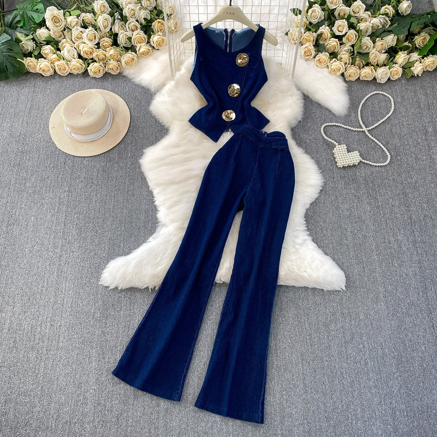 Metal Button Crew Neck Sleeveless Denim Vest High Waisted Wid Leg Pants Set
