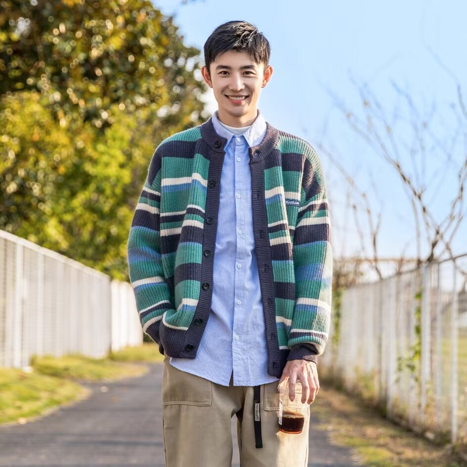 Mens Striped Color-Block Sporty Sweater Jacket