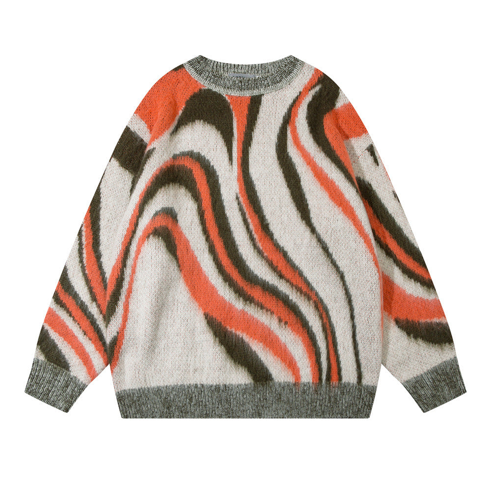 Zebra Pattern Hema Wool Round Neck Sweater Men Fashion Brands American Loose Casual Long Sleeves Top