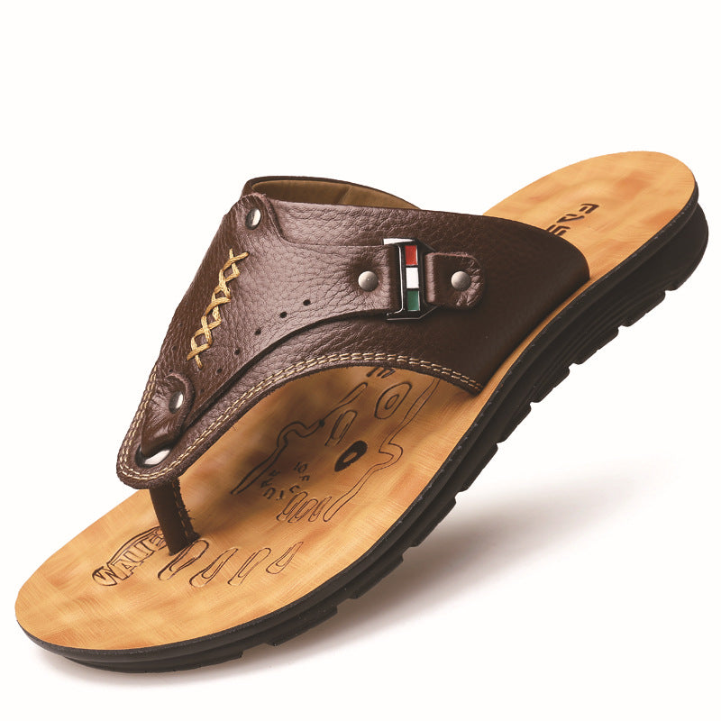 Casual Shoes Open-toe Outdoor Leather Flip-flops With Soft Soles
