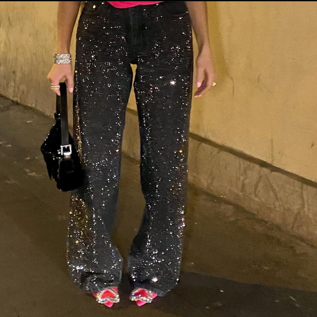 Black Rhinestone Loose Women's Long Casual Jeans