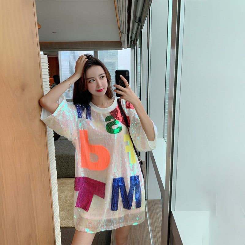 Letter Sequin Loose Short Sleeve T-Shirt Women's Sequin Top