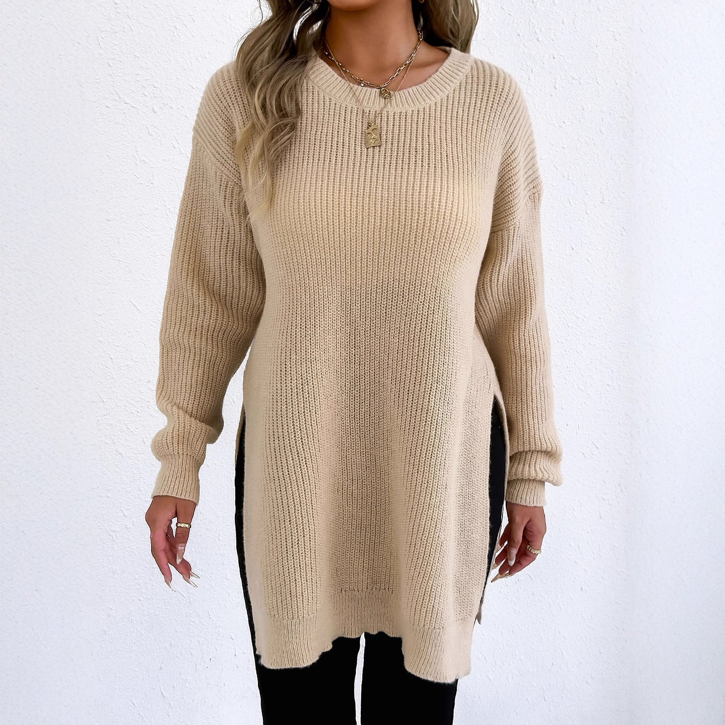 Crew-neck Pullover Slit Design Machine-knit Casual Sweater