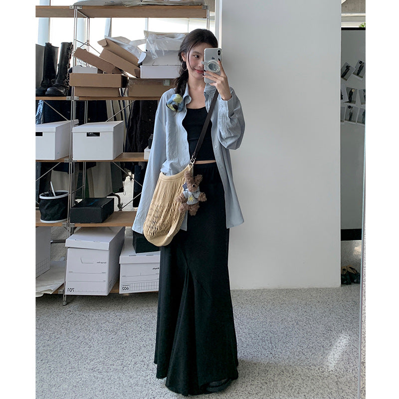 Women's Autumn High Waist Black Irregular Split Design Fishtail Skirt