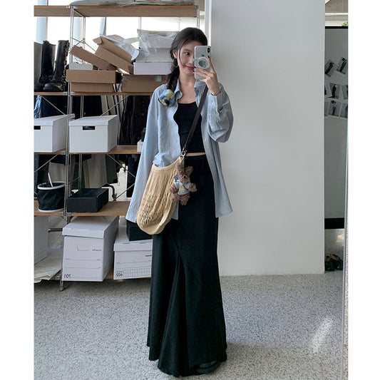 Women's Autumn High Waist Black Irregular Split Design Fishtail Skirt
