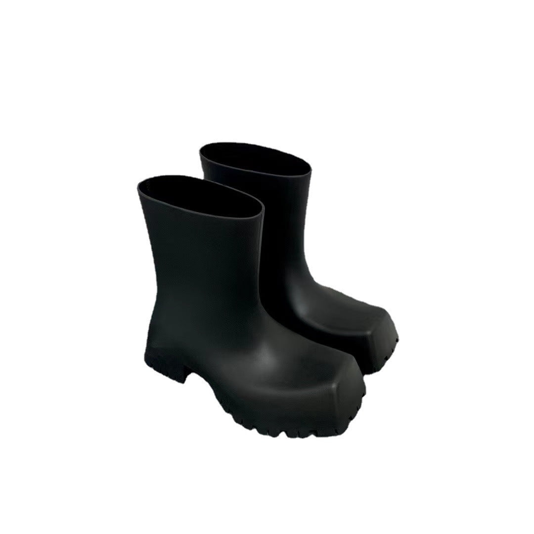 Rain Boots Men's And Women's Square Toe Mid Thick Sole