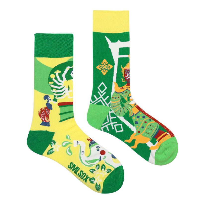 Asymmetrical Color Retro Personality Male And Female Couple Mid-length Cotton Socks