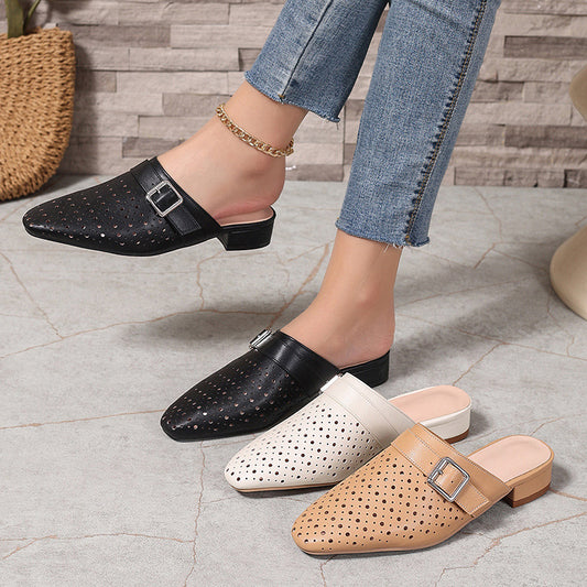 Closed-toe, Back-strap, Buckle-fastened Flat Womens Slippers
