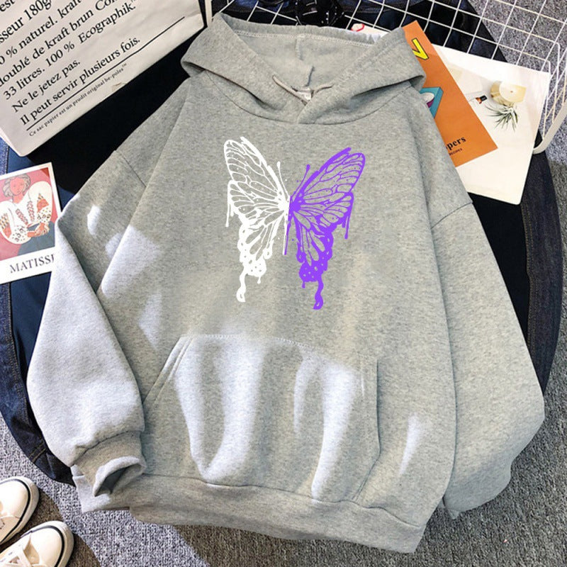 White And Purple Butterfly Pattern Hoodie
