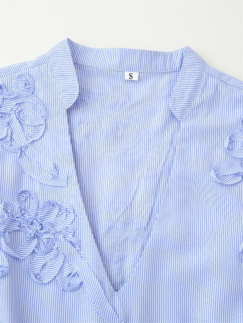 Textured Striped Plate Floral Poplin Long Sleeve Shirt