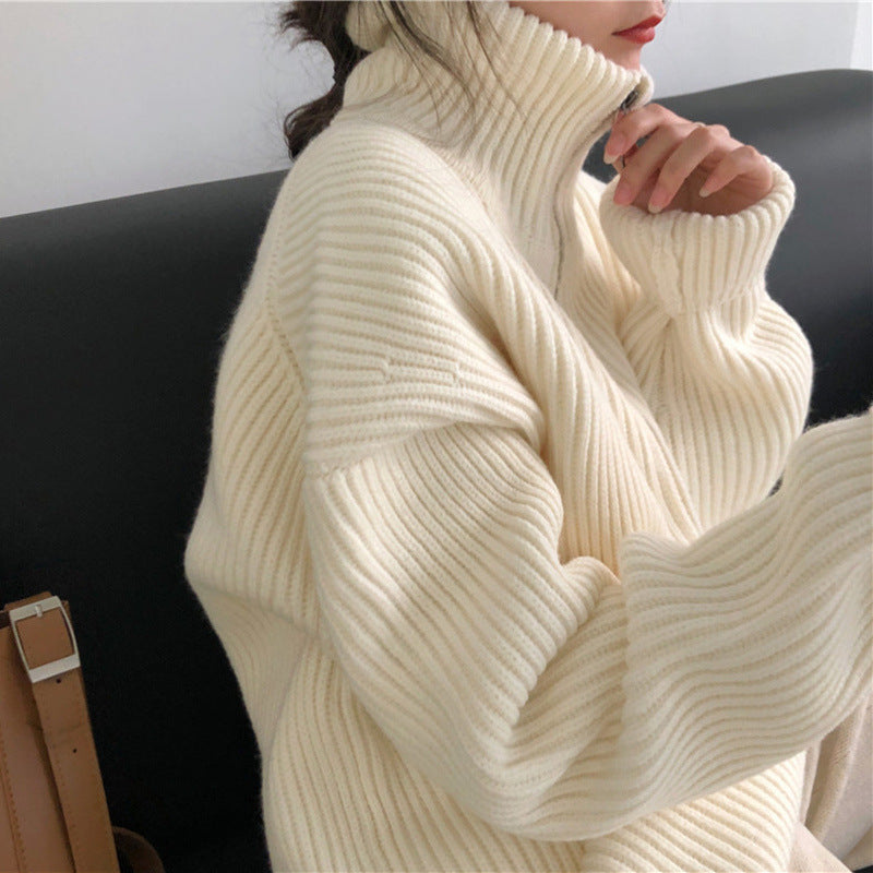 Løs fransk stil stor revers lynlås sweater til kvinder