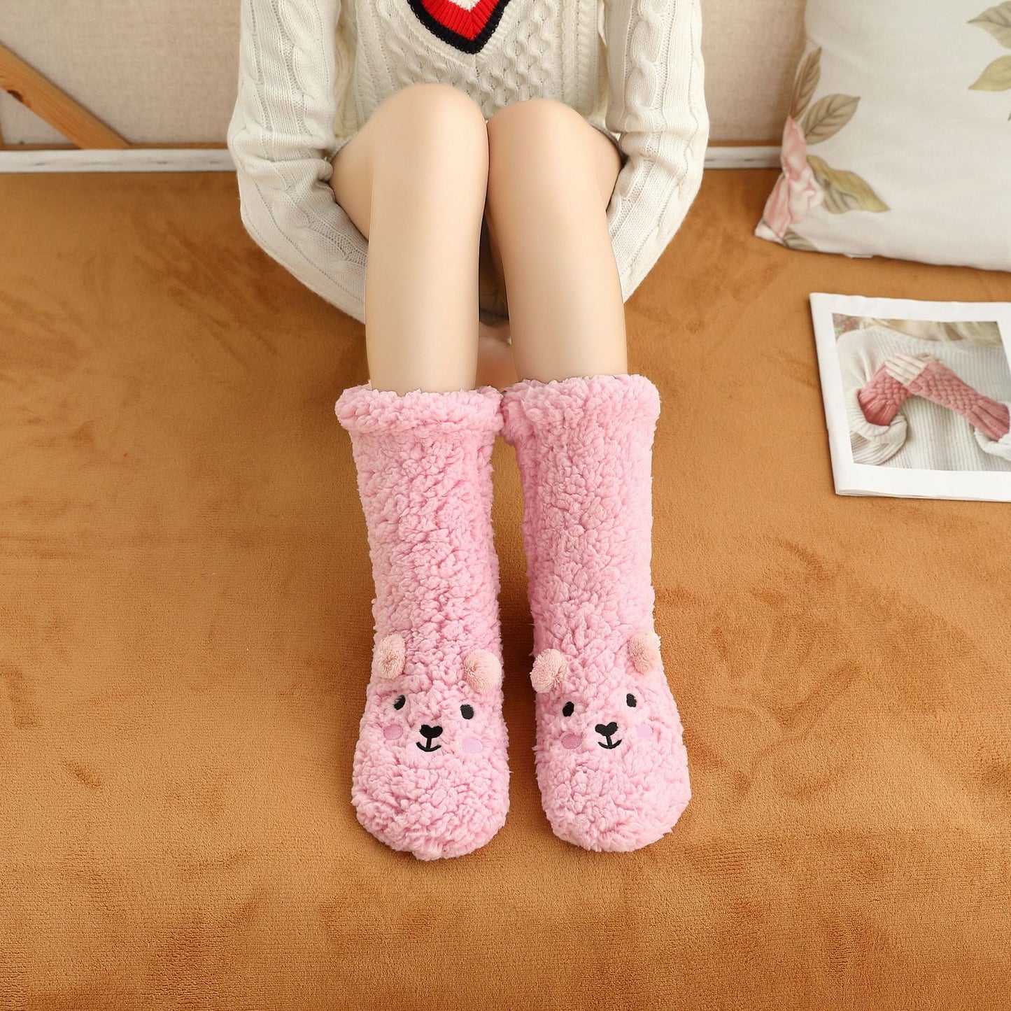 Lamb Velvet Bear Cute Embroidered Floor Shoes Warm Socks