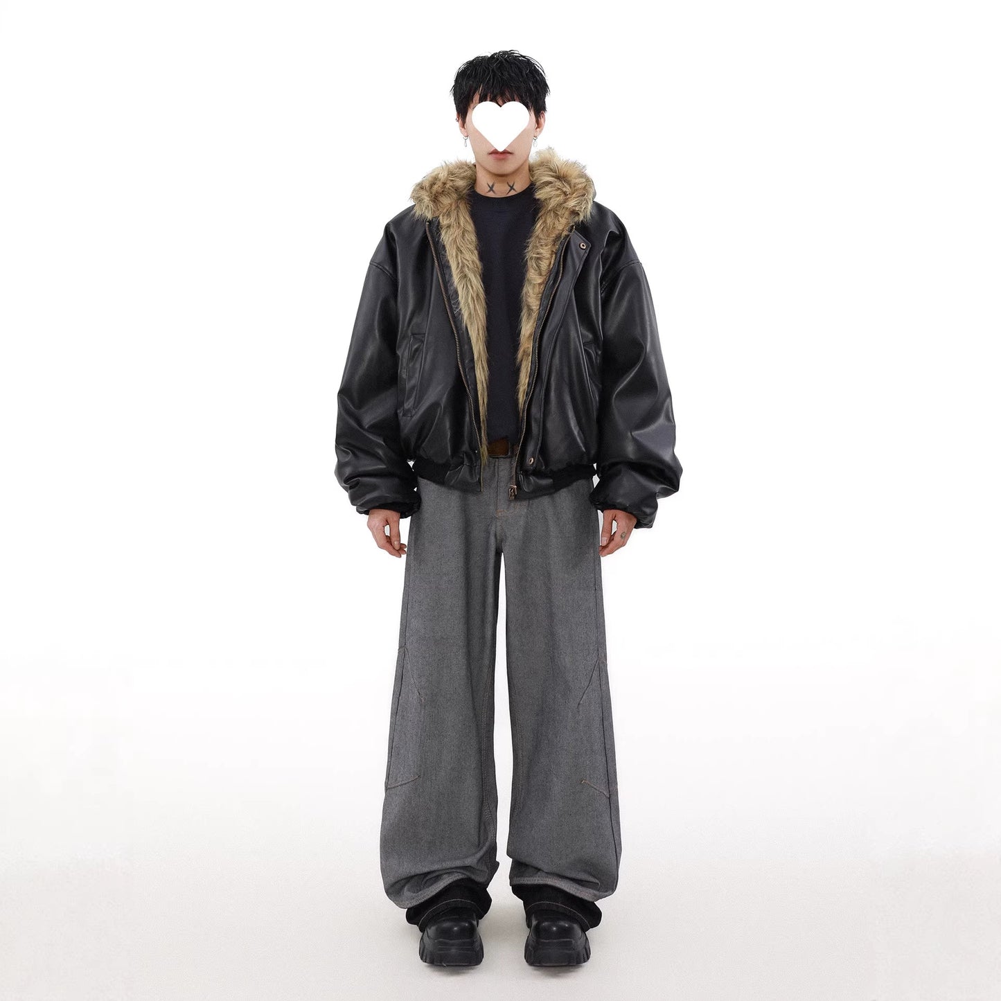 Mens Winter Fleece-Lined Thickened Reversible Leather-and-Fur Jacket