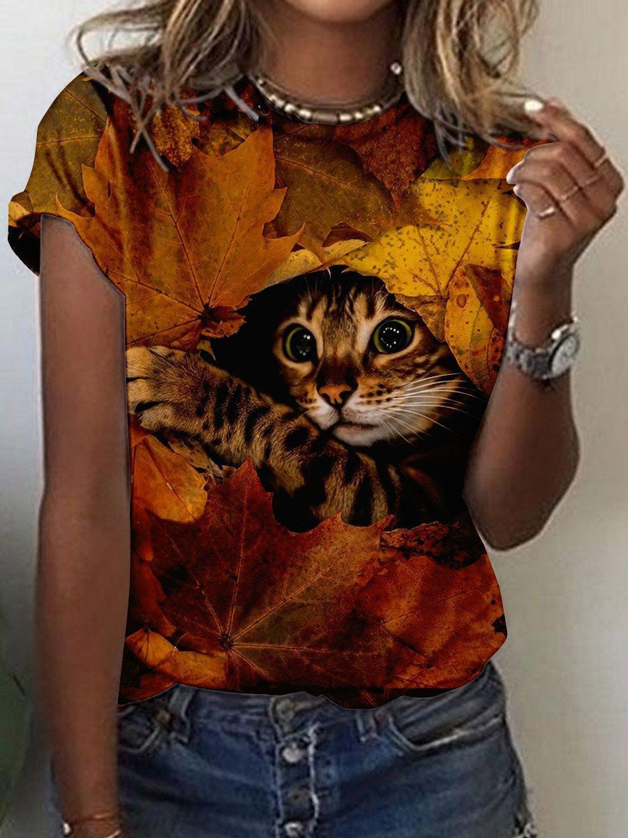 Cute Owl Pattern 3D Printed Round Neck Short Sleeve