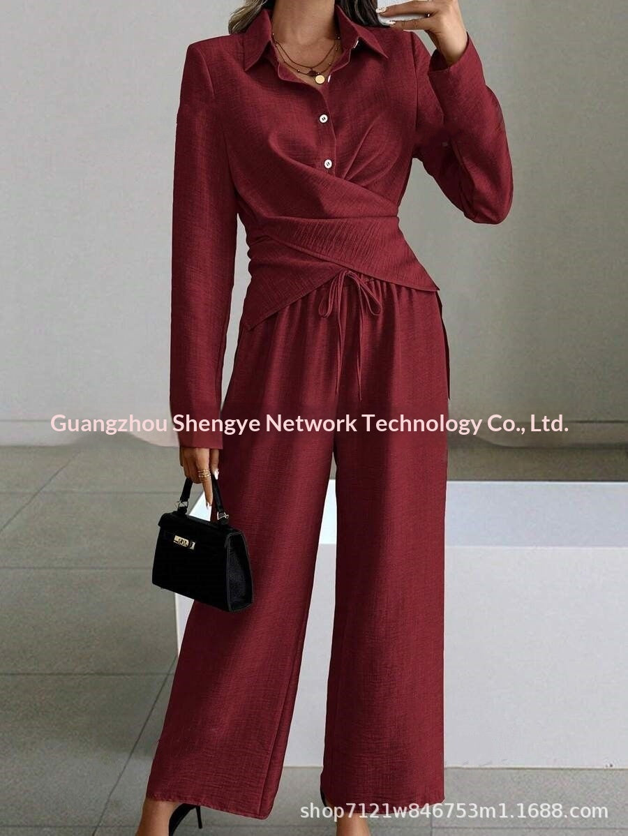 Women's Elegant Shirt Top And Wide-Leg Pants Two-Piece Set