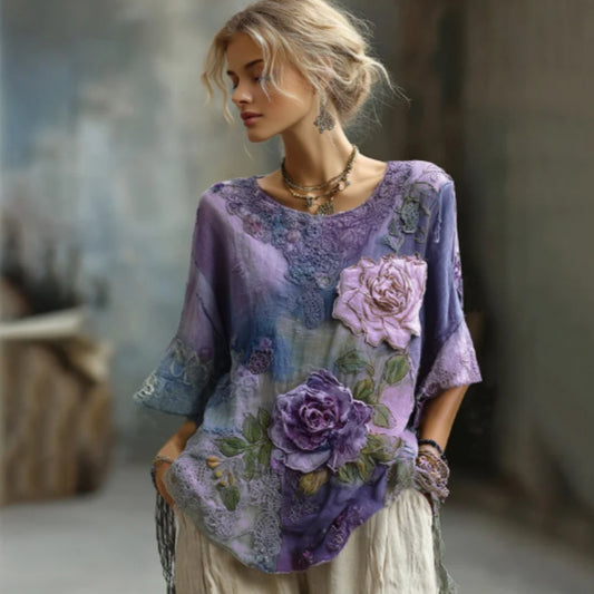 Vintage Boheme Blomstret Patchwork Hør T-shirt