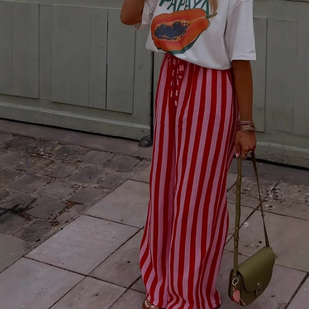 Striped Loose-fit Slimming Casual Wide-leg Floor-length Pants