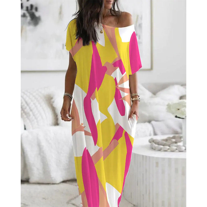 Fashion Crew Neck Short Sleeve Printed Loose Fit Dress