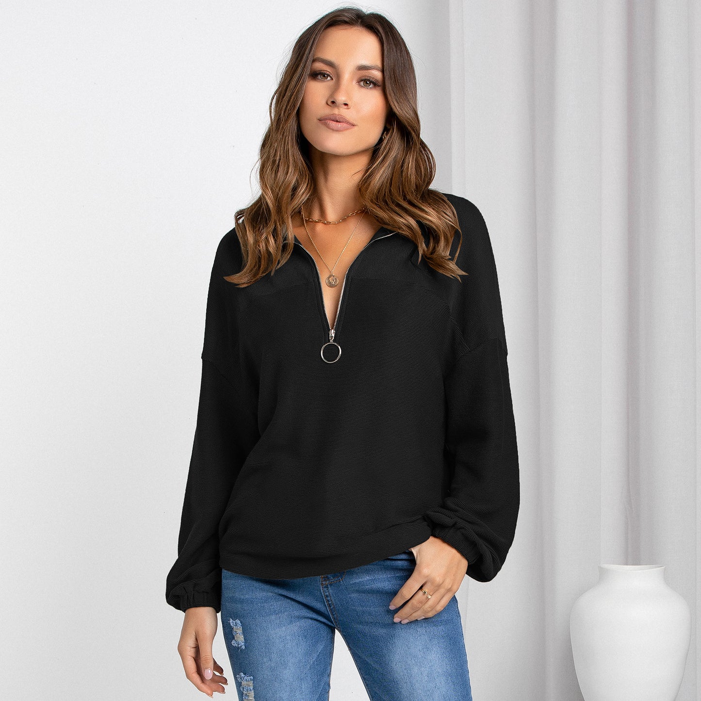 Women's Fashion Casual Pullover V-Neck Solid Color Loose Sweater