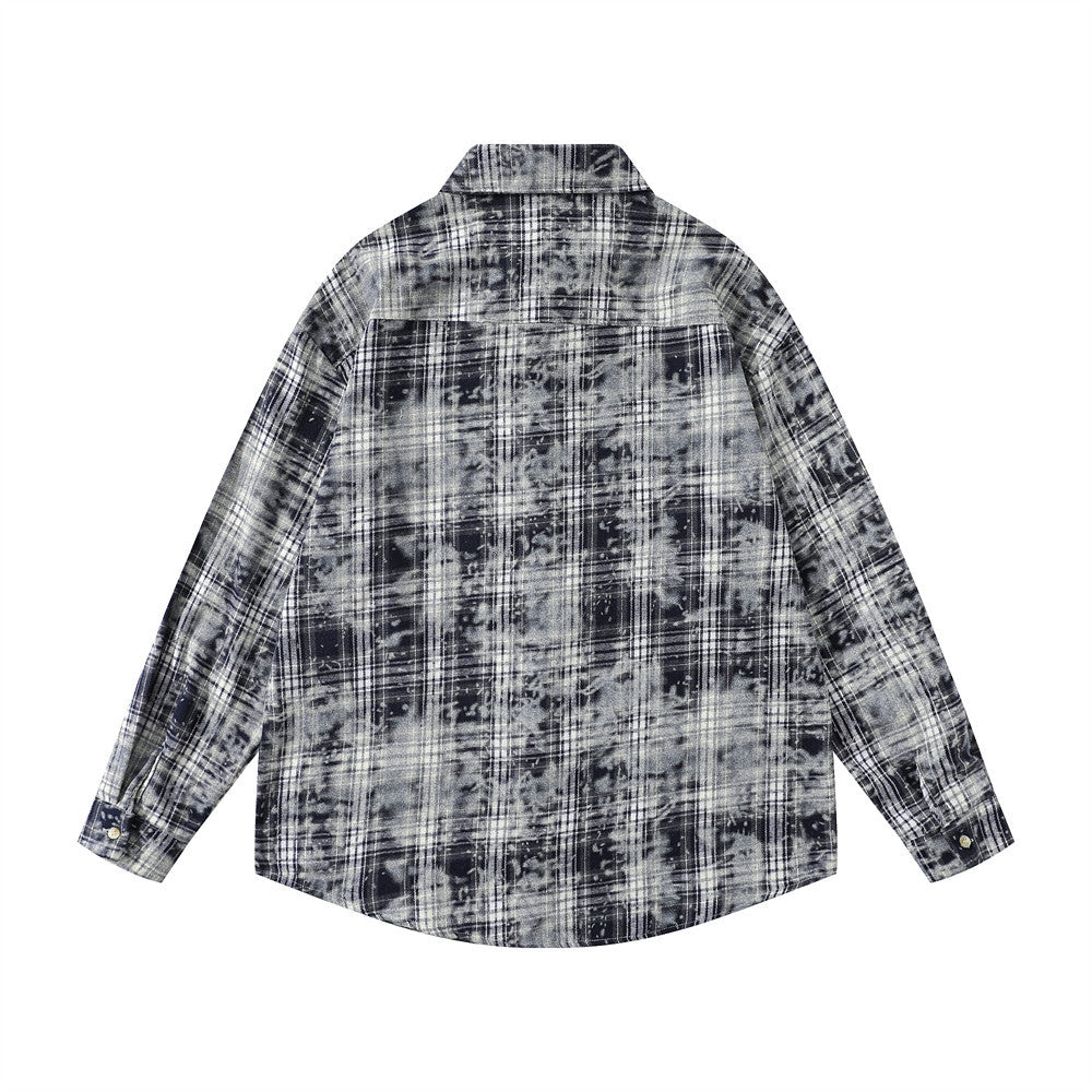 American Retro Tie-dye Distressed Plaid Long Sleeve Shirt Men