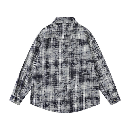 American Retro Tie-dye Distressed Plaid Long Sleeve Shirt Men