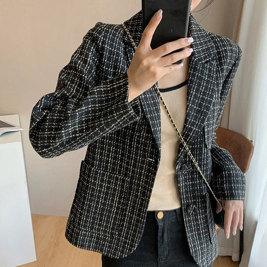 Ladies' New Plaid Suit Collar Wool Short Coat