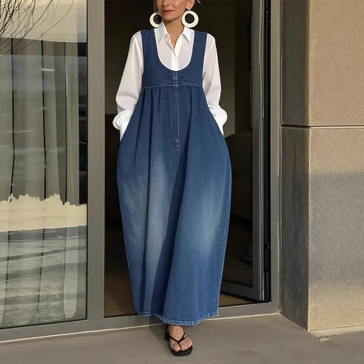Bucket-style Washed Denim Vest Dress