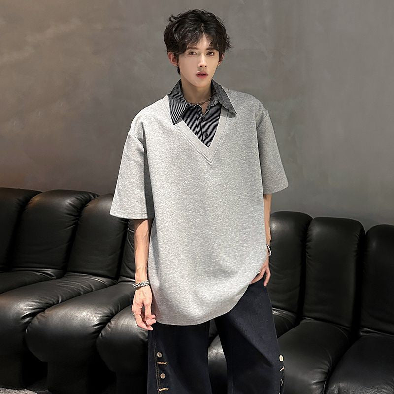 Casual Style Fake Two-Piece Shirt Collar Short-Sleeve Top For Men