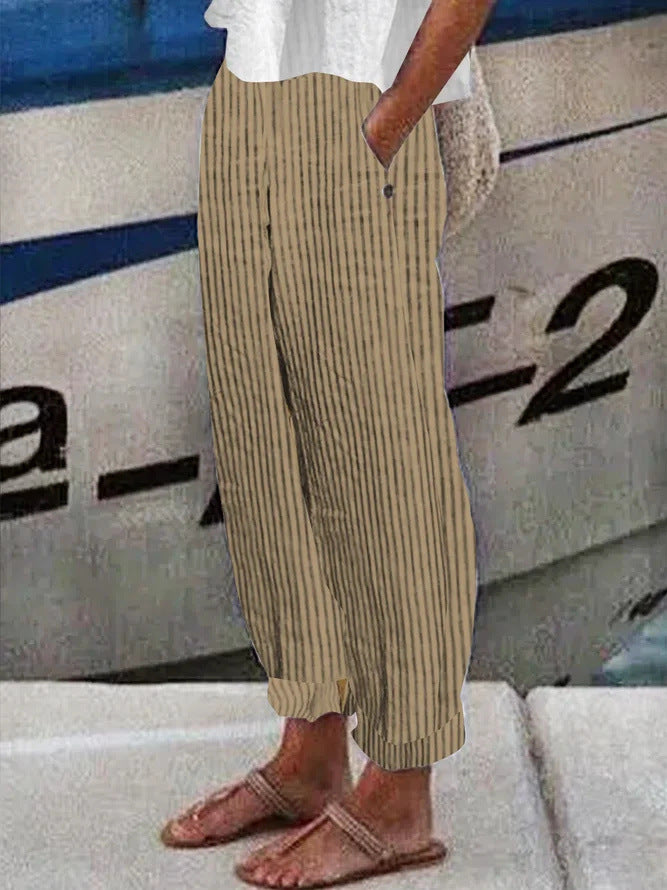 Striped Printed Women's Pants Cotton And Linen Breathable