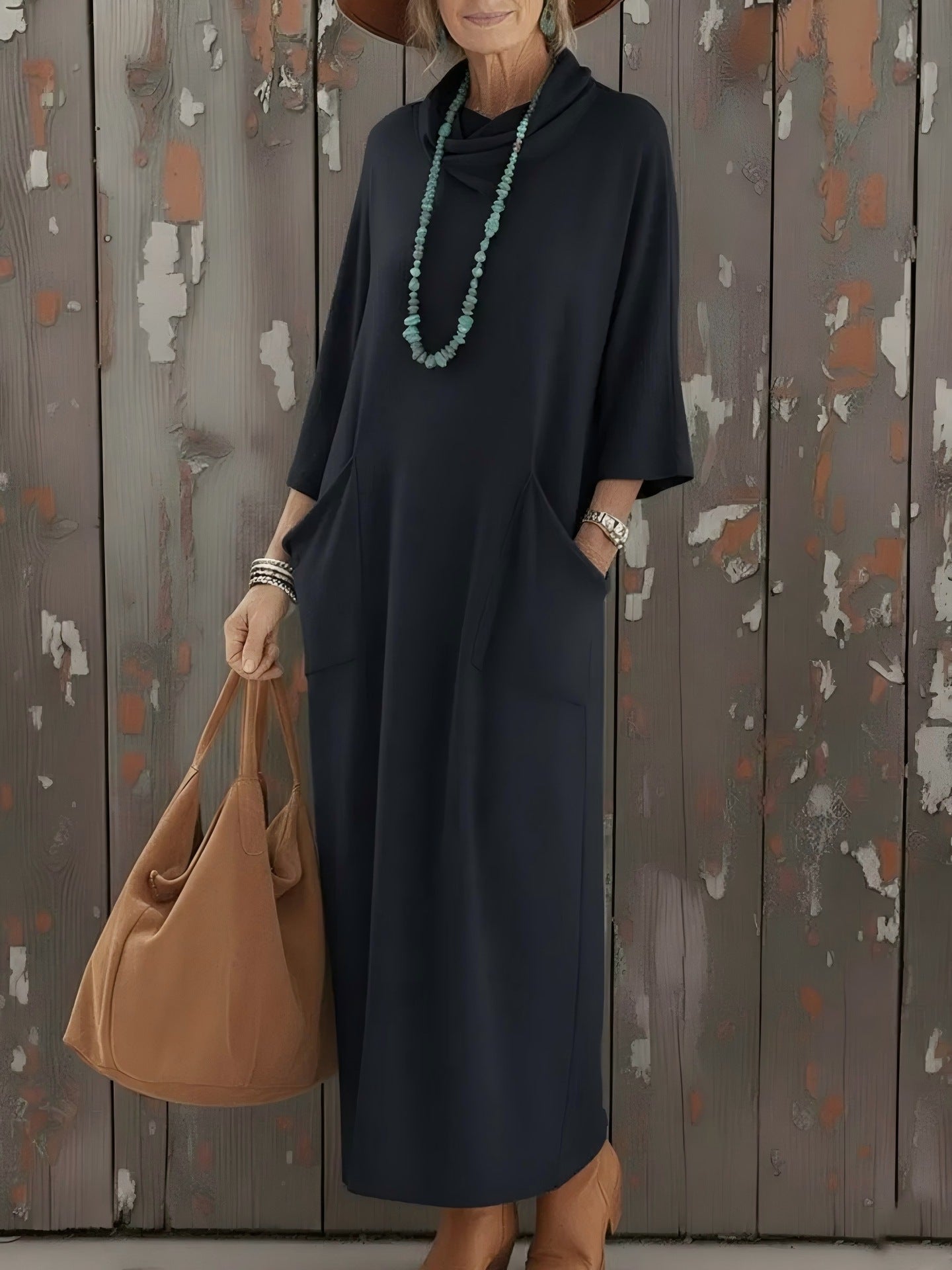 Womens Loose Knitted Dress With High Neck And Pockets