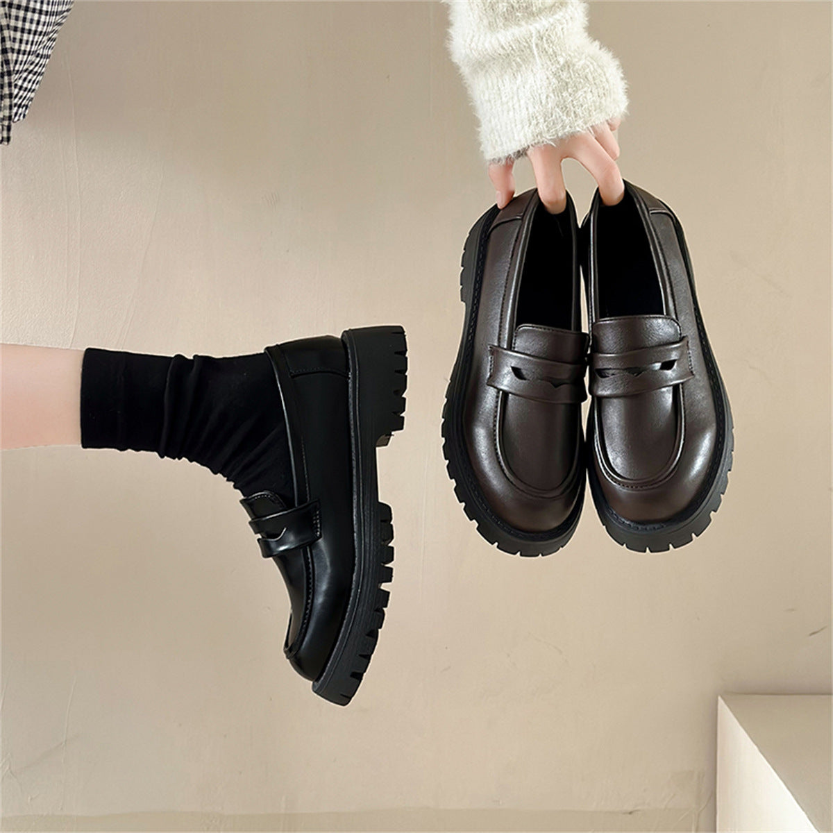New Chunky Heel Platform British Style Leather Shoes Women