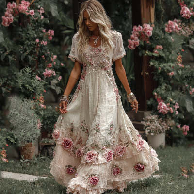 Womens 3D-printed Plant And Floral Retro Elegant V-neck Maxi Dress