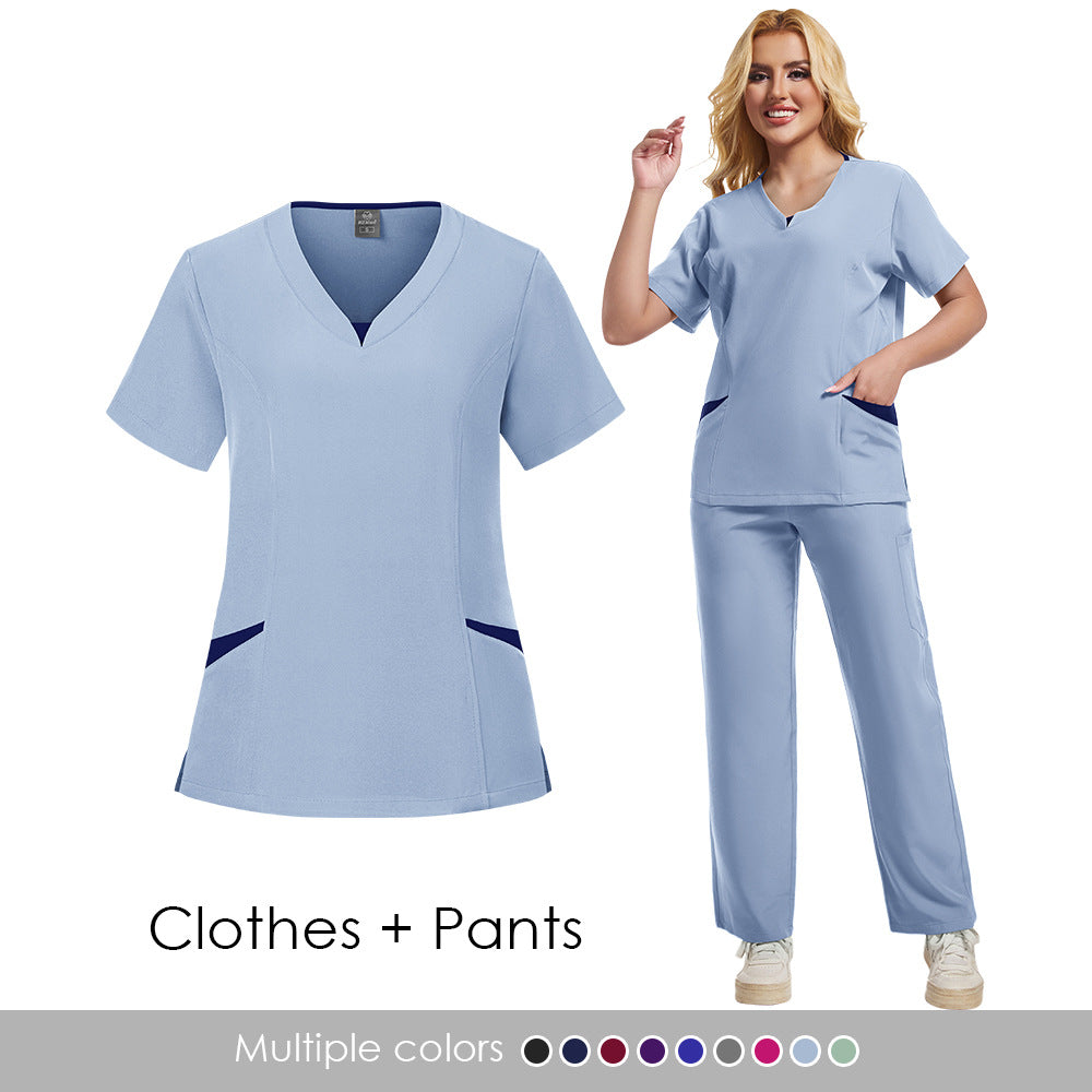 Unisex Dental Clinic Scrub Top With Color-block Design