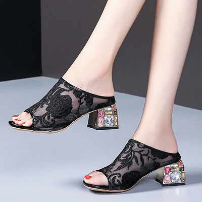 Ethnic Wind Rhinestone Mid-heel Mesh Slippers