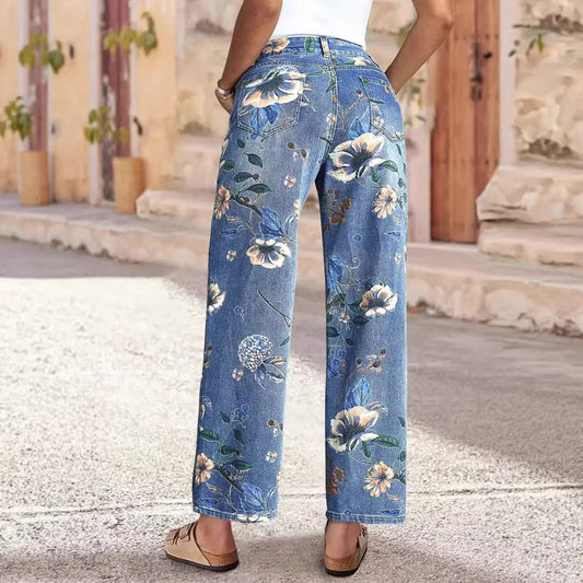 Retro Print Løse Brede Denimjeans til Kvinder