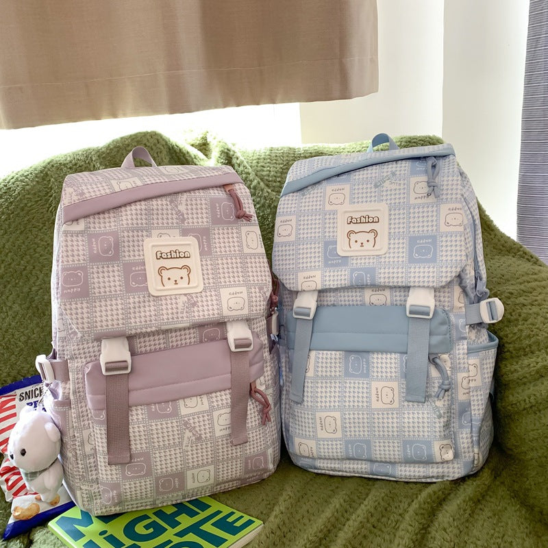 Checked Backpack Women's Large Capacity