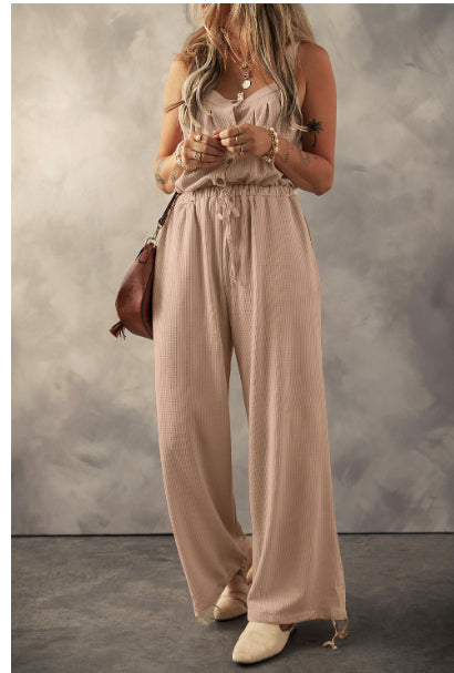 Pale Khaki Knotted Straps Button Textured Drawstring Jumpsuit