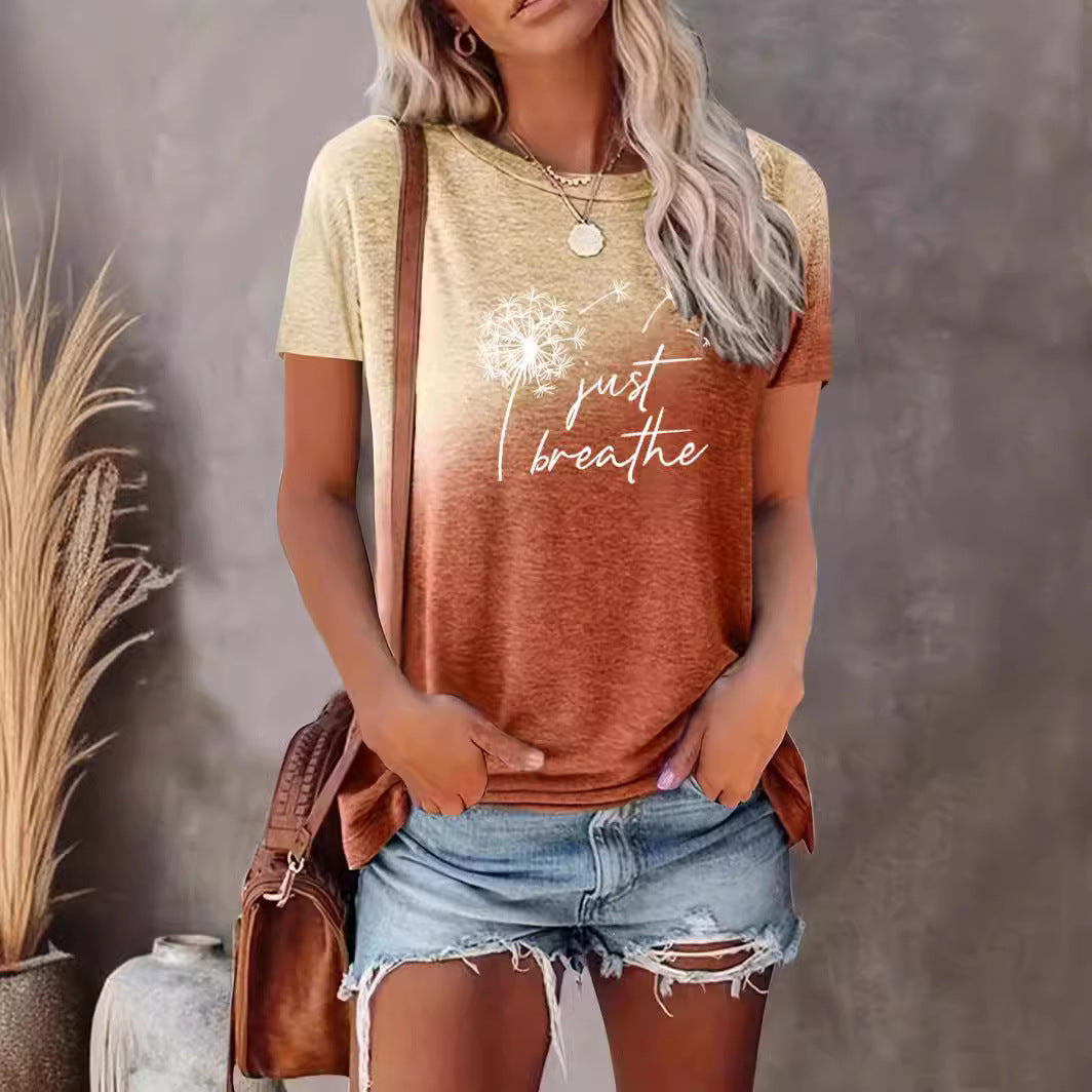 Europæisk og amerikansk T-shirt med gradientprint, rund hals, lige snit