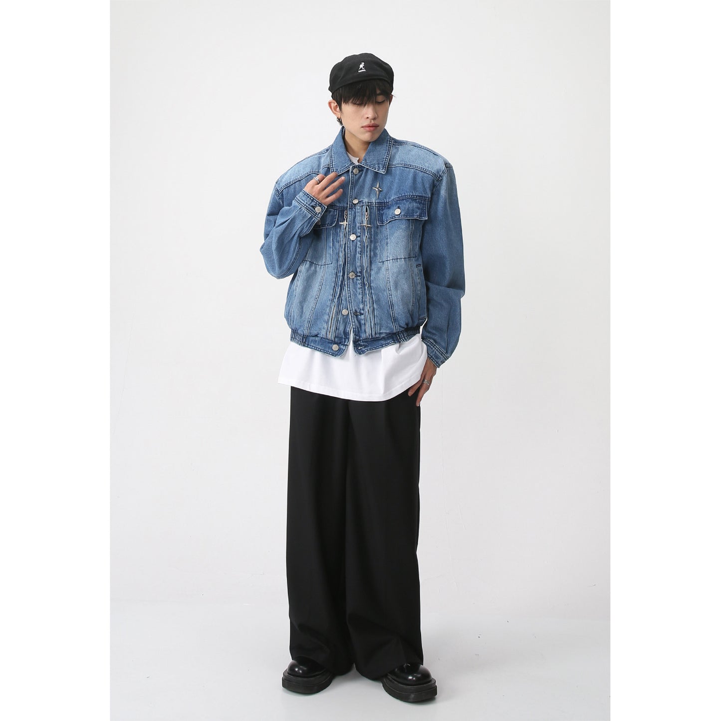 Spring Padded Shoulder Loose Waist Elastic Design Denim Jacket