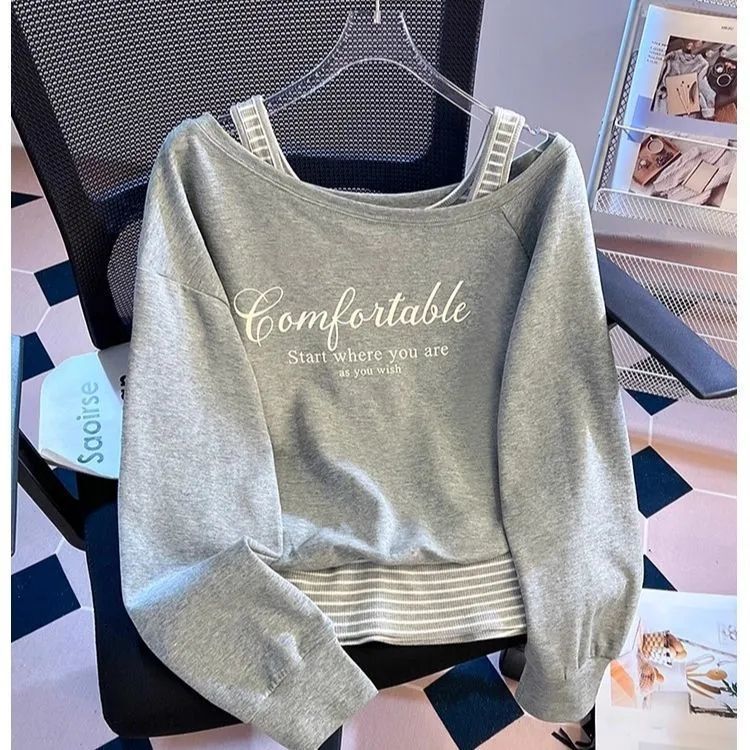 Plus size off-shoulder stribet patchwork falsk todelt sweater til kvinder – efterårsnyhed
