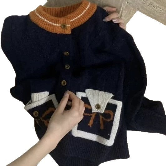 Contrast Color And Versatile Bow Pocket Sweater